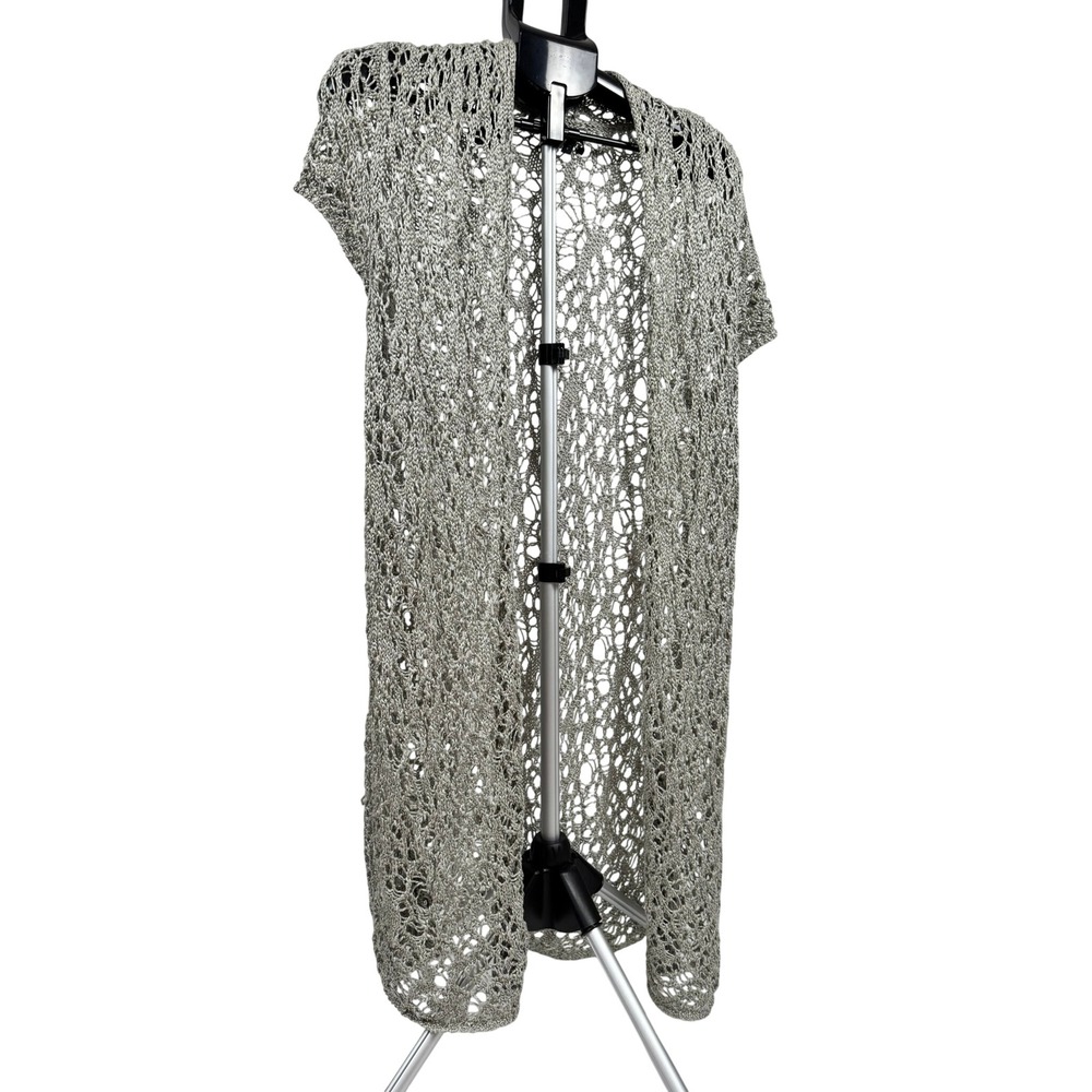 Eileen Fisher Linen Cotton Open Knit Long Vest Cardigan Taupe Metallic Small